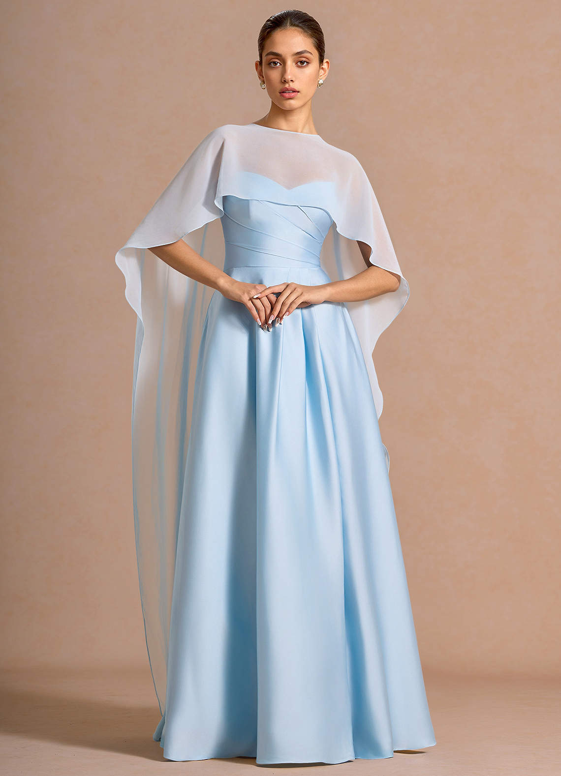 Nancy A-Line V-Neck Stretch Satin and Chiffon Evening Dress in Sky Blue