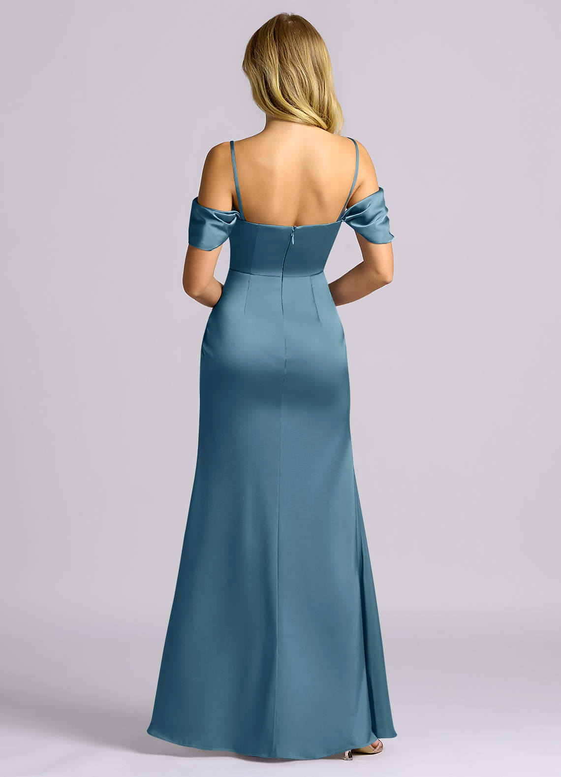 Auden Sheath Off-the-Shoulder Stretch Satin Bridesmaid Dress in Bermuda