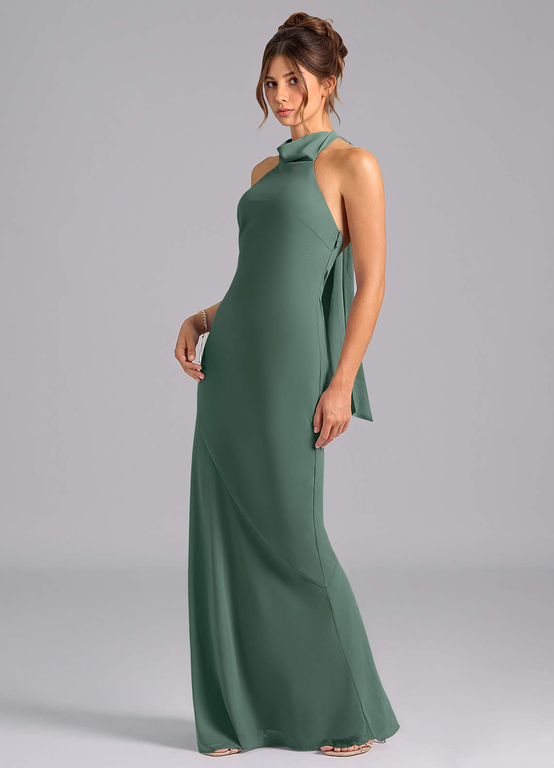 Velli Mermaid Halter Chiffon Bridesmaid Dress in Sea Moss