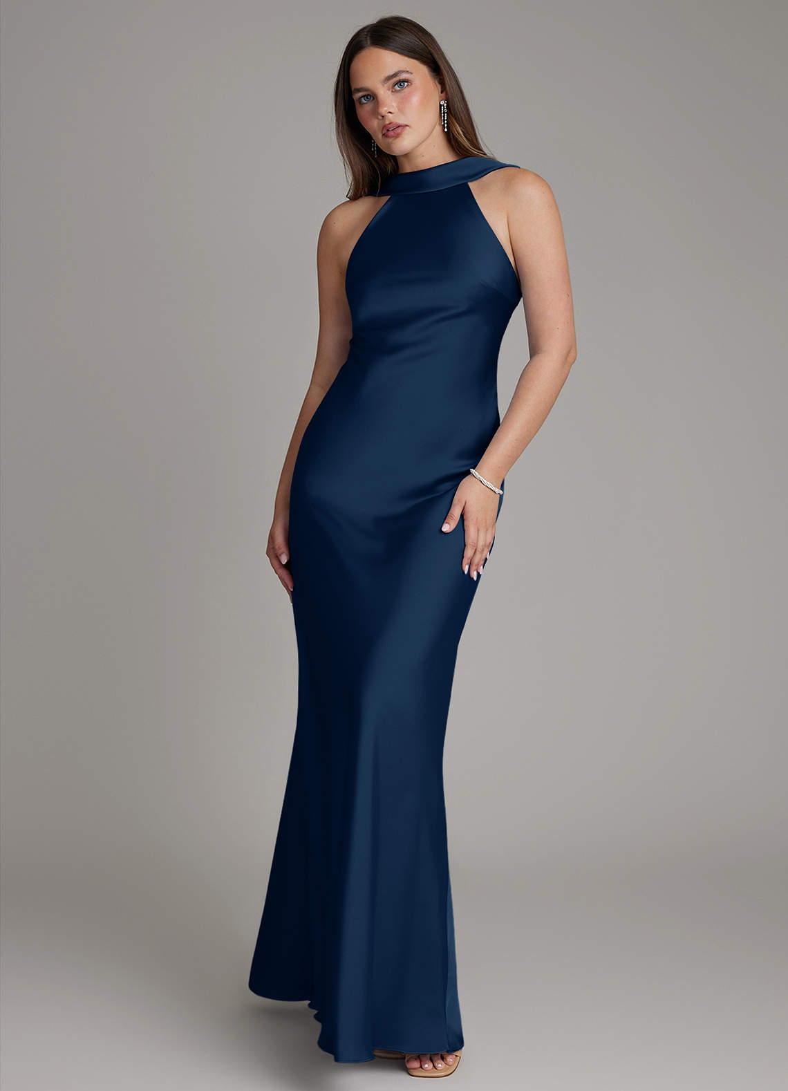 Dimitra Sheath Halter Stretch Satin Bridesmaid Dress in Dark Navy