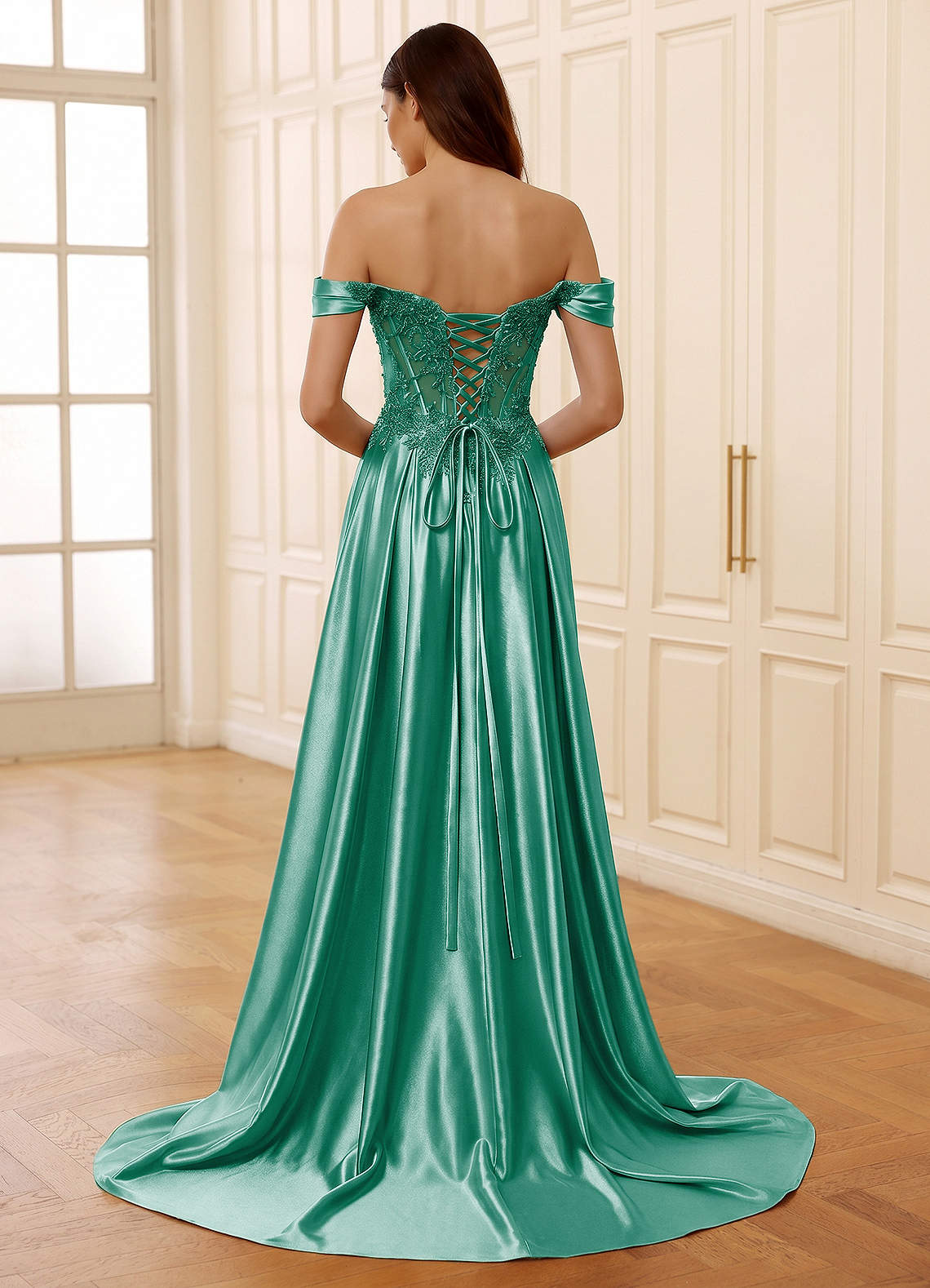 Rowane A-Line Off-the-Shoulder Satin Evening Dress in Basil