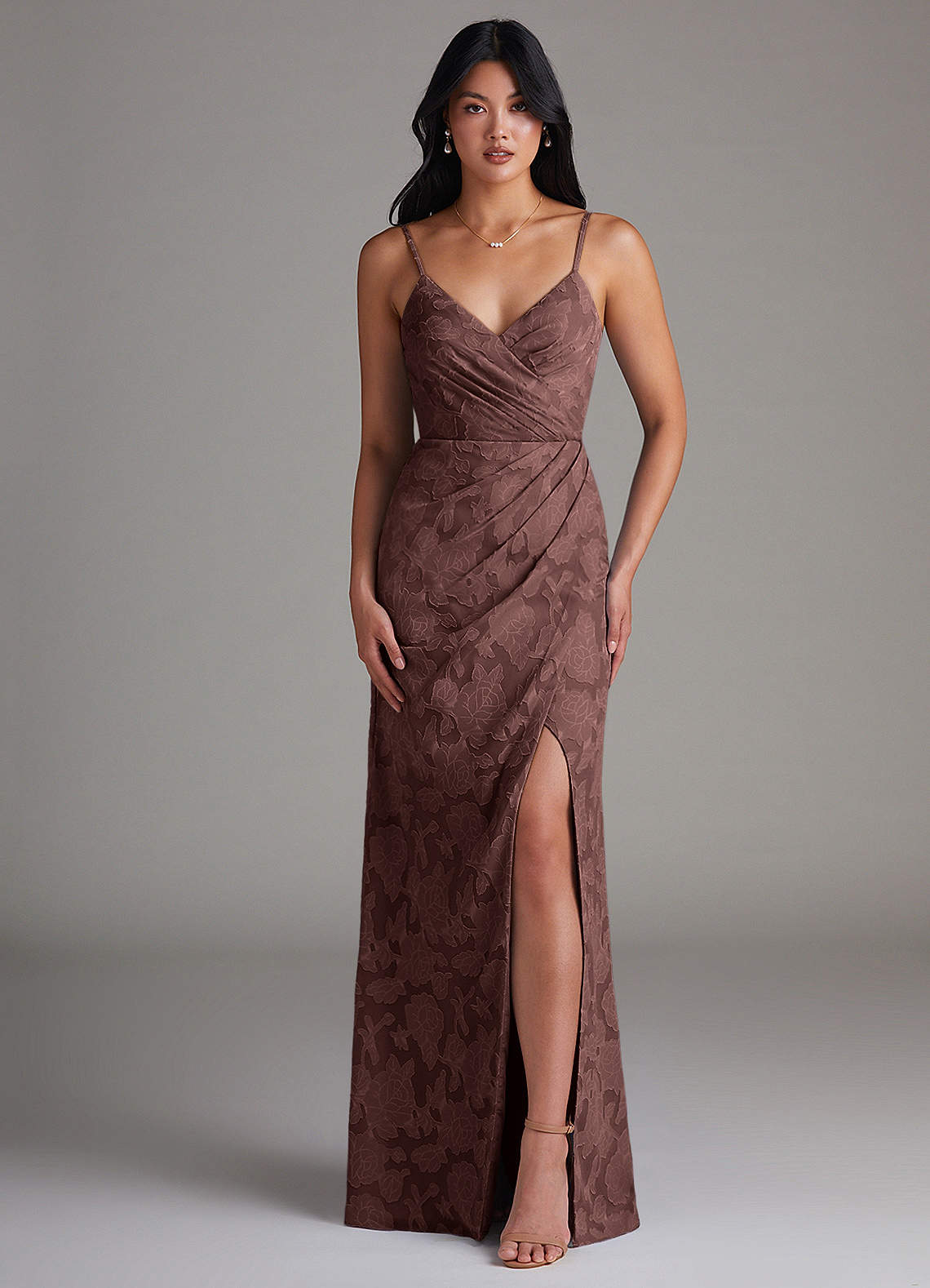 Maci Sheath V-Neck Floral Burnout Bridesmaid Dress in Espresso