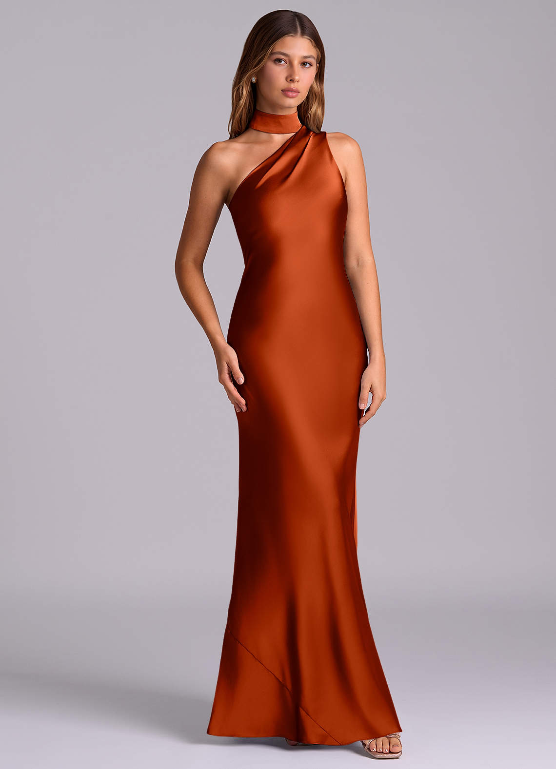 Seona Mermaid One-Shoulder Stretch Satin and Tulle Bridesmaid Dress in Paprika