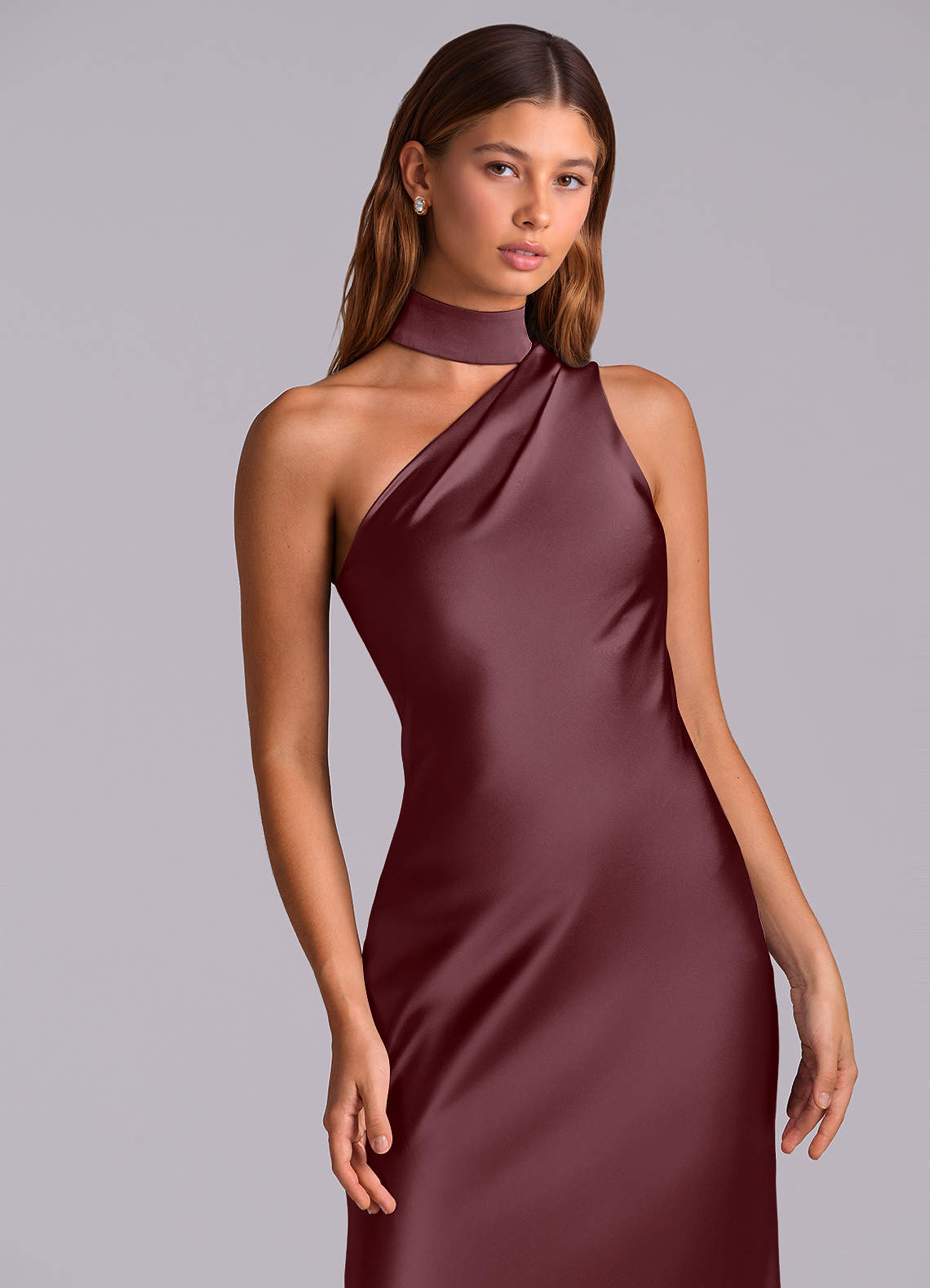 Seona Mermaid One-Shoulder Stretch Satin and Tulle Bridesmaid Dress in Sangria