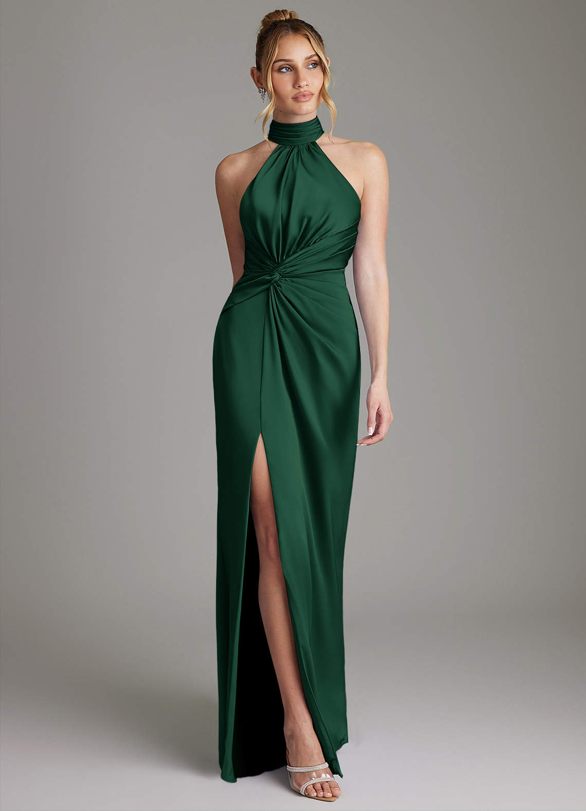 Gracelynn Sheath Halter Stretch Satin Bridesmaid Dress in Dark Green