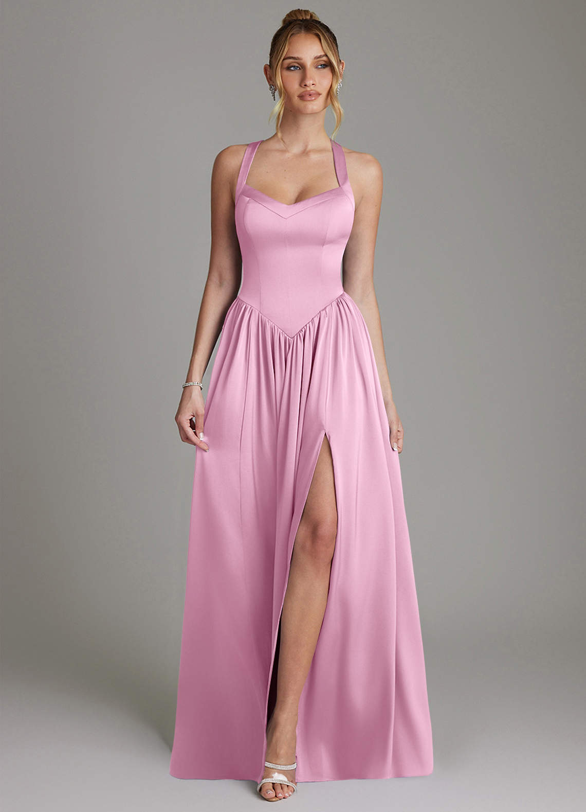 Francis A-Line V-Neck Stretch Satin Bridesmaid Dress in candy pink