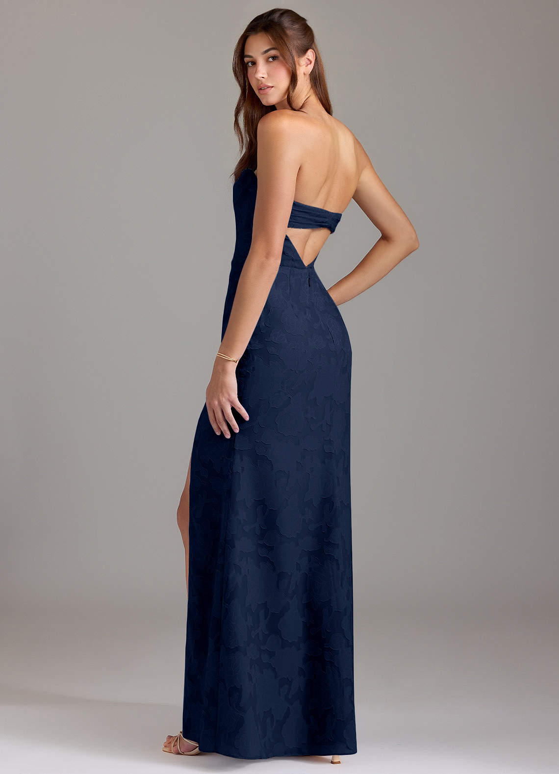 Leonis Sheath Strapless Floral Burnout Bridesmaid Dress in Dark Navy