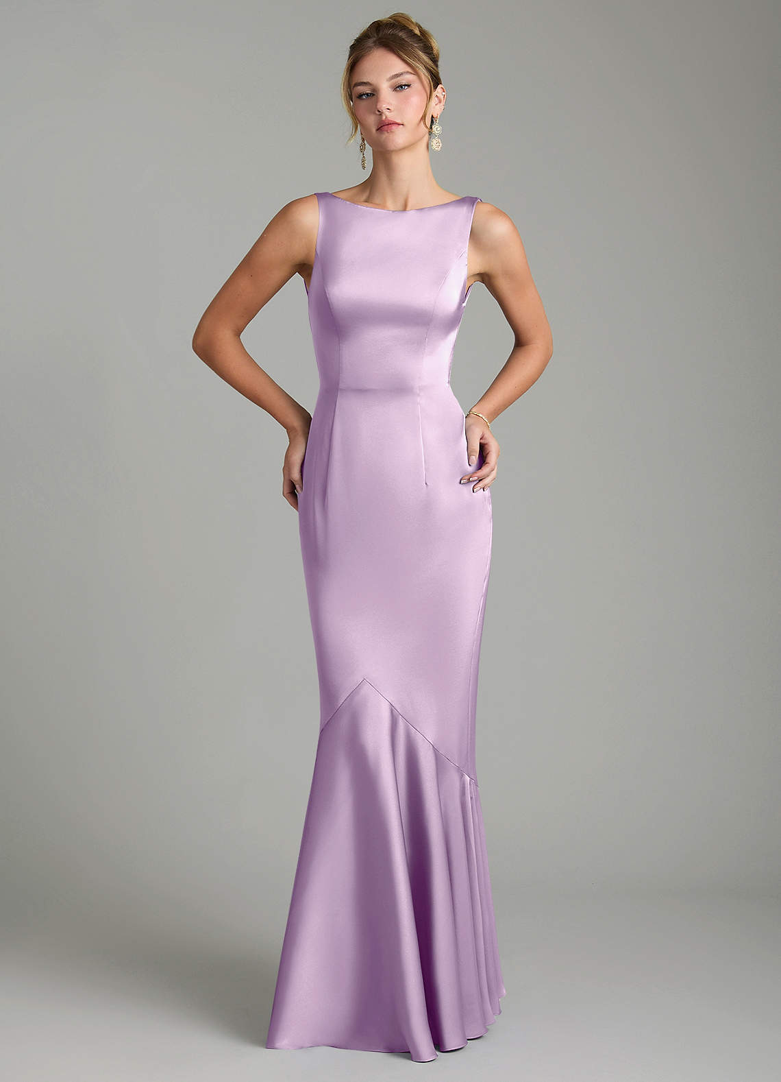 Tamera Mermaid Boat-Neck Stretch Satin and Chiffon Bridesmaid Dress in Frosted Lilac