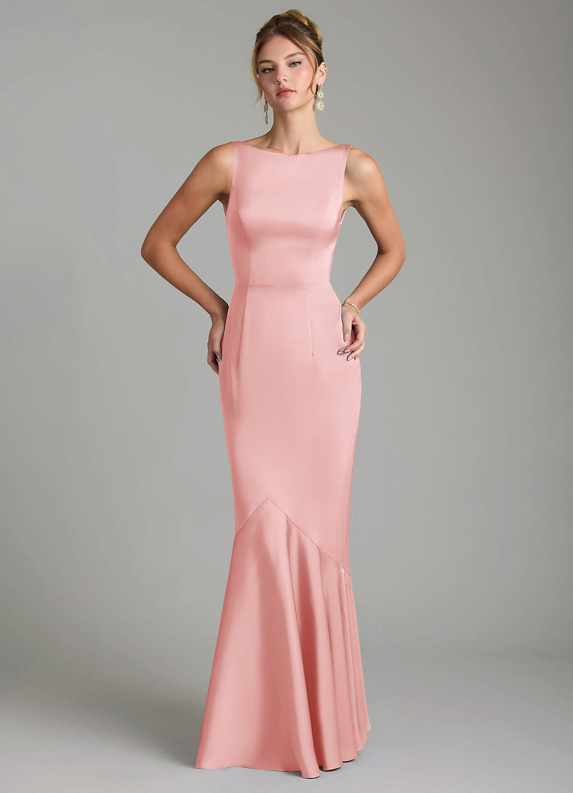 Tamera Mermaid Boat-Neck Stretch Satin and Chiffon Bridesmaid Dress in Powder Pink