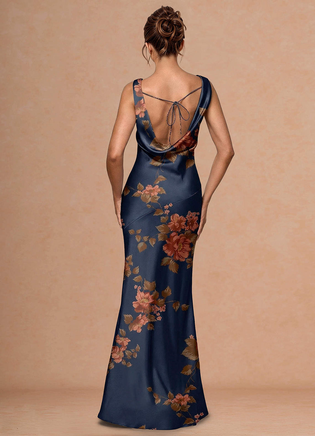 Florivel Fitted Cowl-Neck Stretch Satin Wedding Guest Dress in Navy Vintage