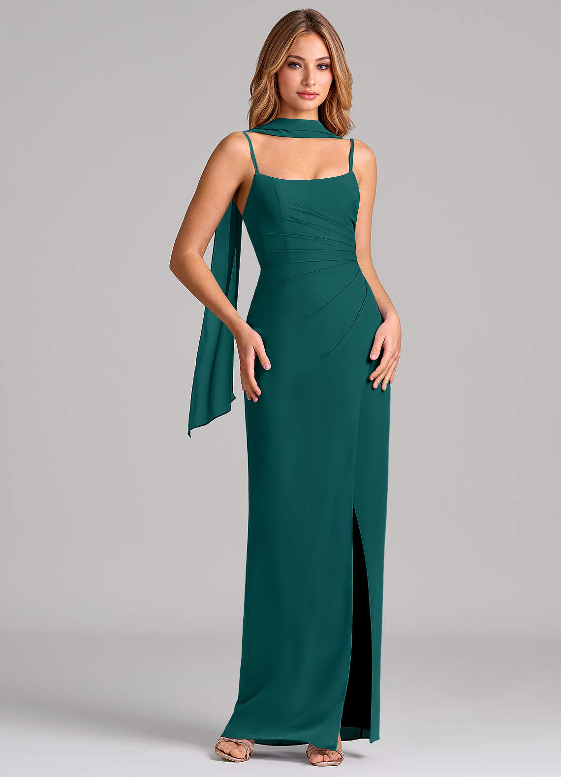 Calandra Sheath Scoop-Neck Chiffon Bridesmaid Dress in Peacock