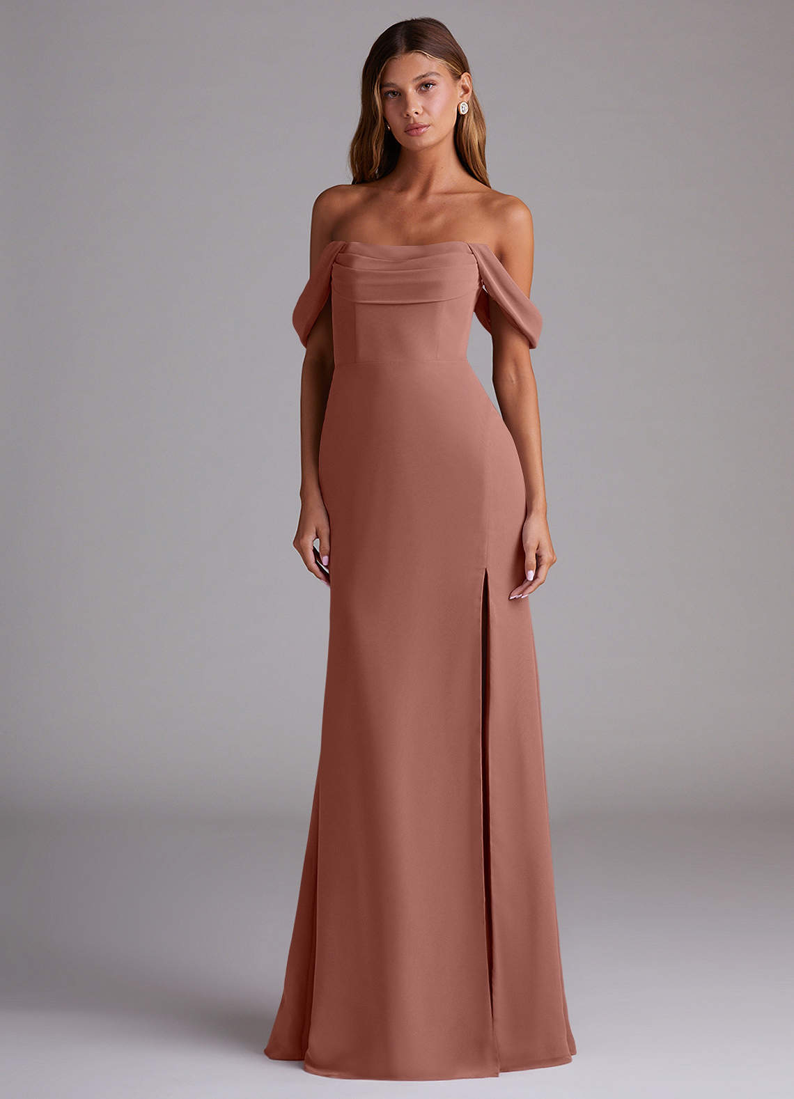 Saige A-Line Off-the-Shoulder Chiffon Bridesmaid Dress in Cedar Rose