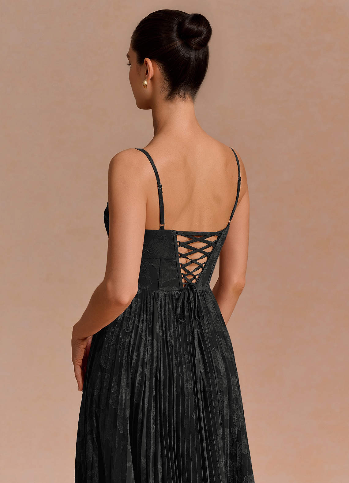 Delfina A-Line Twisted-Bust Fil Coupé Evening Dress in Black