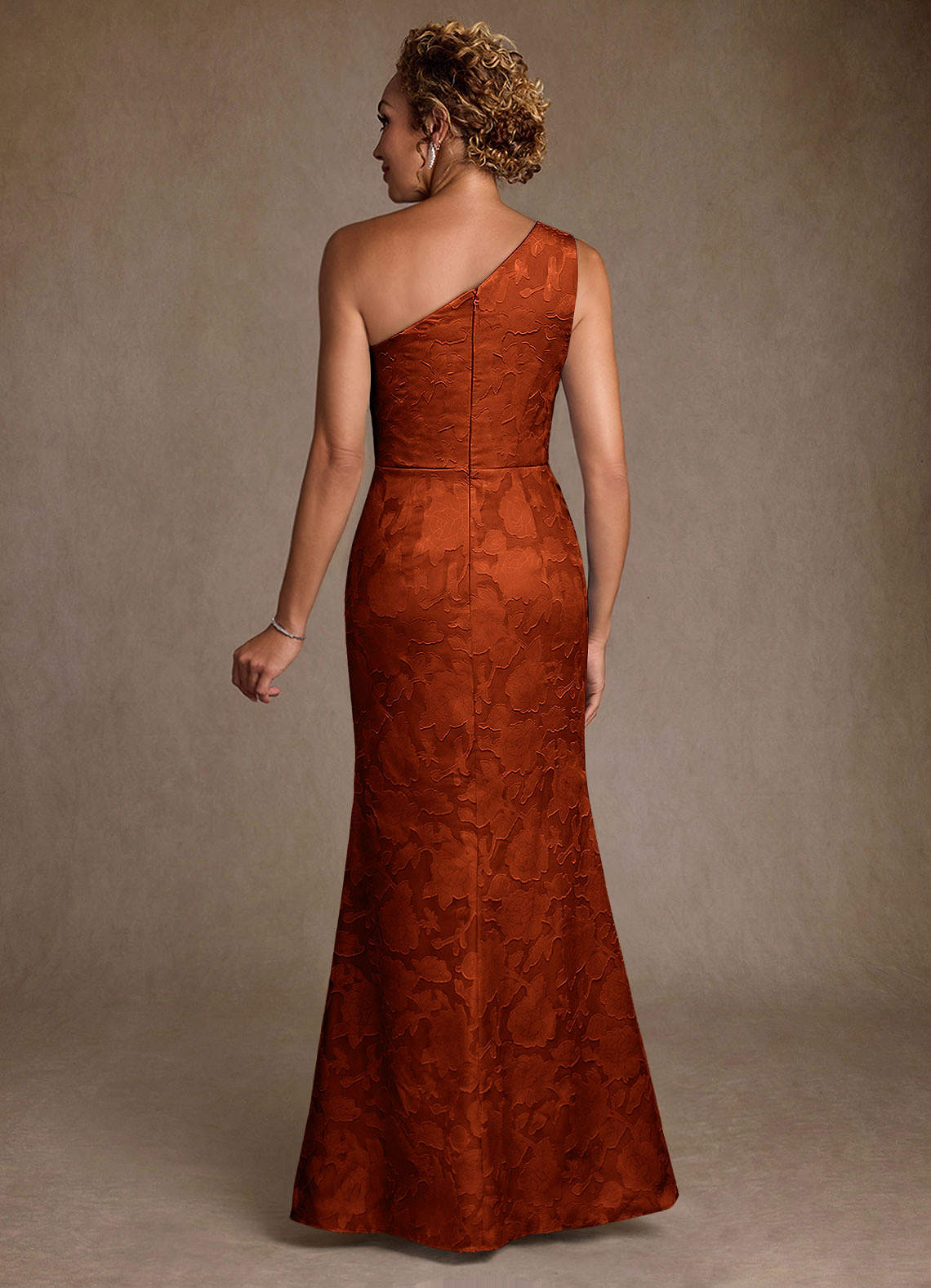 Joylin Trumpet One-Shoulder Floral Burnout Mother of the Bride Dress in Paprika