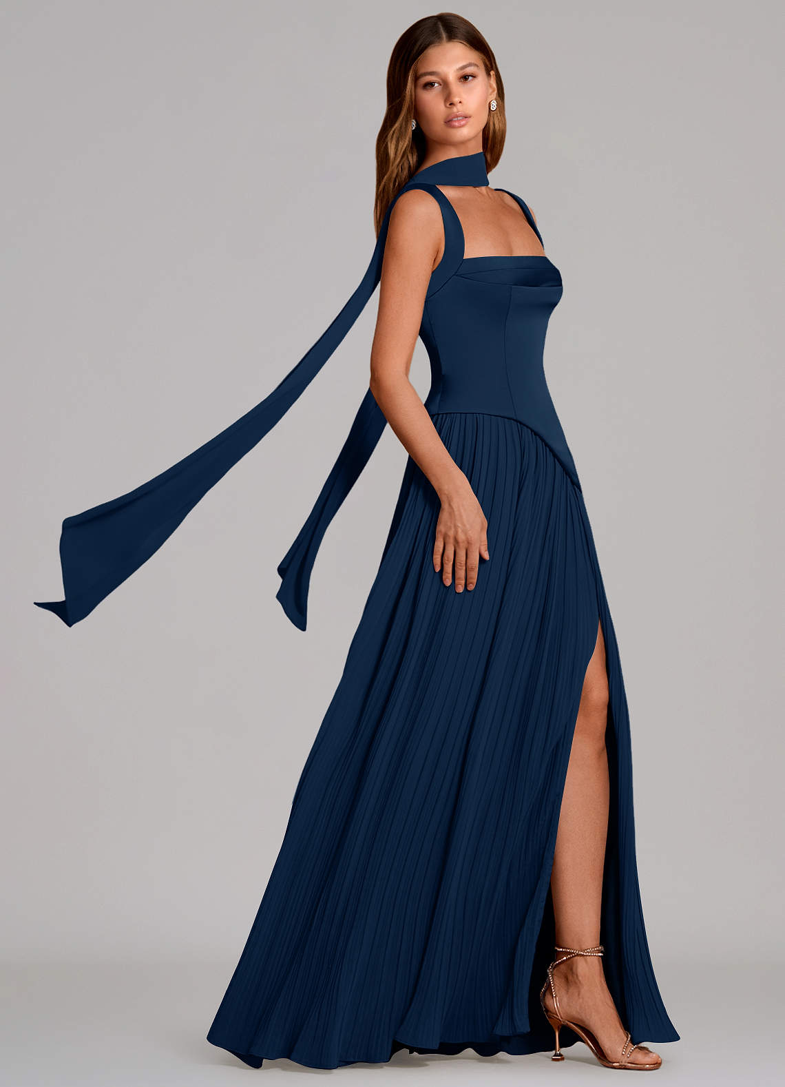 Stephanie A-Line Square-Neck Stretch Satin and Chiffon Bridesmaid Dress in Dark Navy