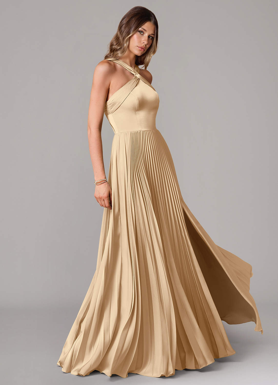 Afra A-Line Halter-Neck Stretch Satin Bridesmaid Dress in Champagne