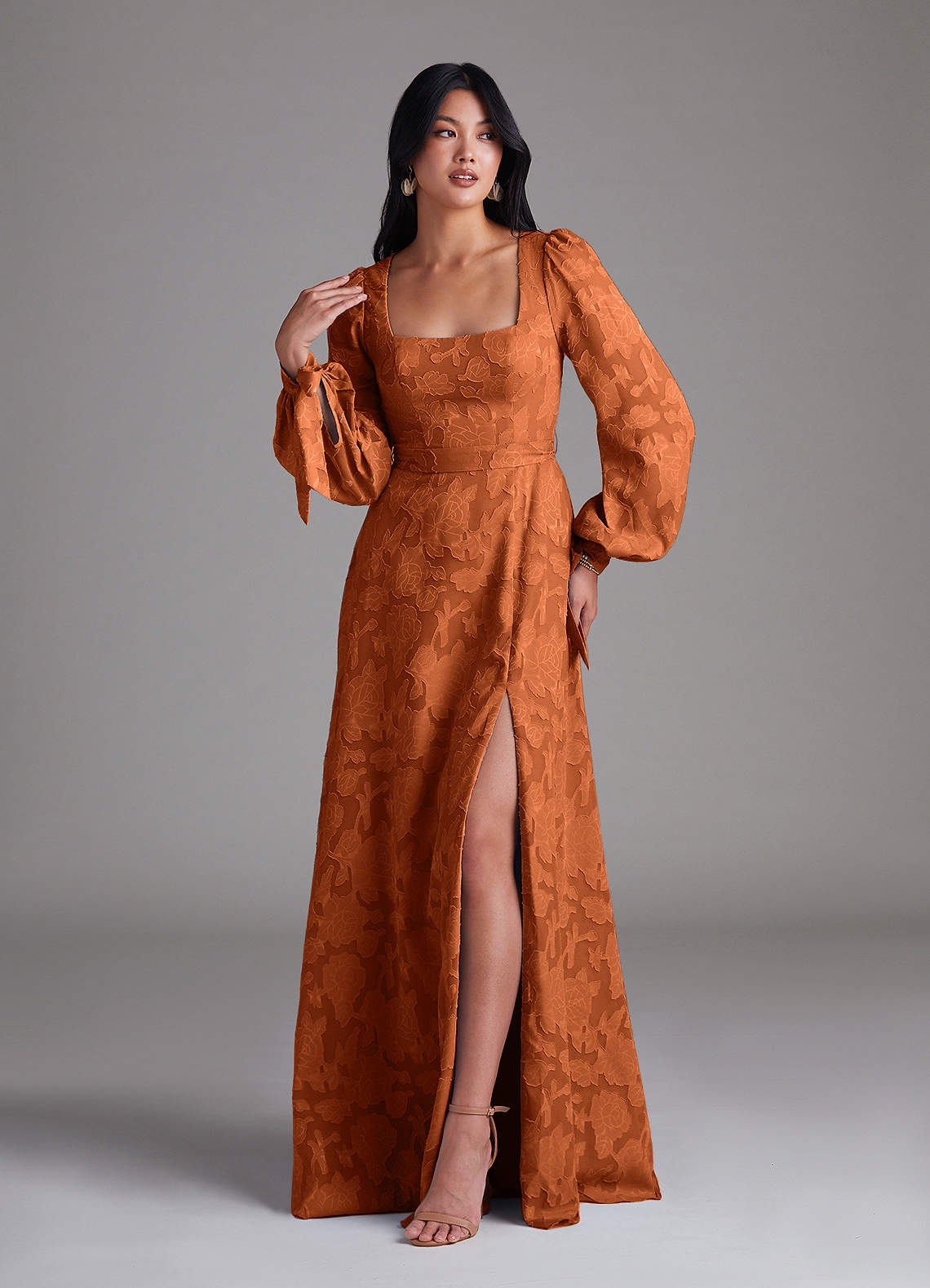 Leonia A-Line Square-Neck Stretch Satin Bridesmaid Dress in Burnt Orange