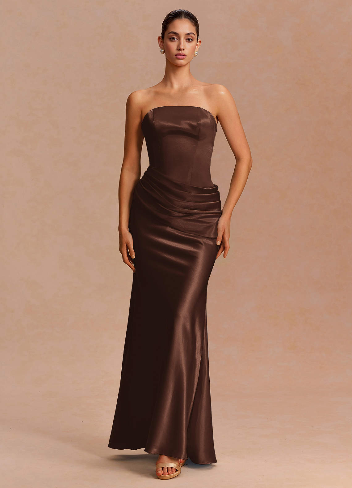 Leonie Strapless Draped-Shoulder Satin Evening Dress in White