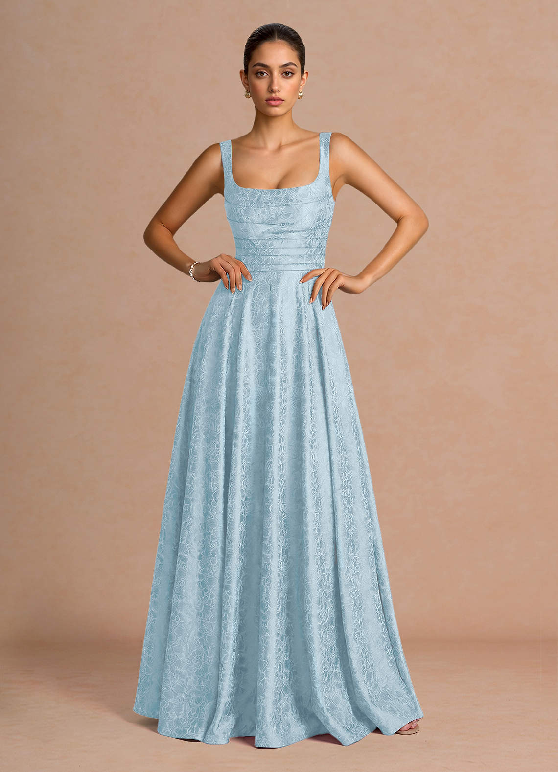 Elowena A-Line Square-Neck Satin Jacquard Evening Dress in Sky Blue