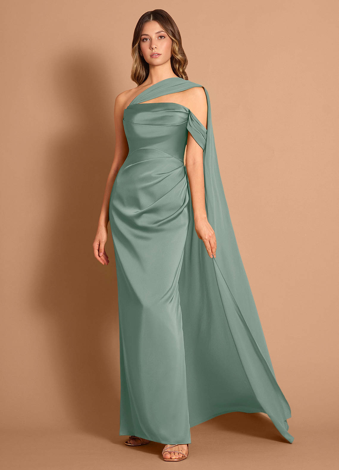 Meliora Asymmetric Strapless Chiffon-Drape Stretch Satin Evening Dress in Vintage Sage