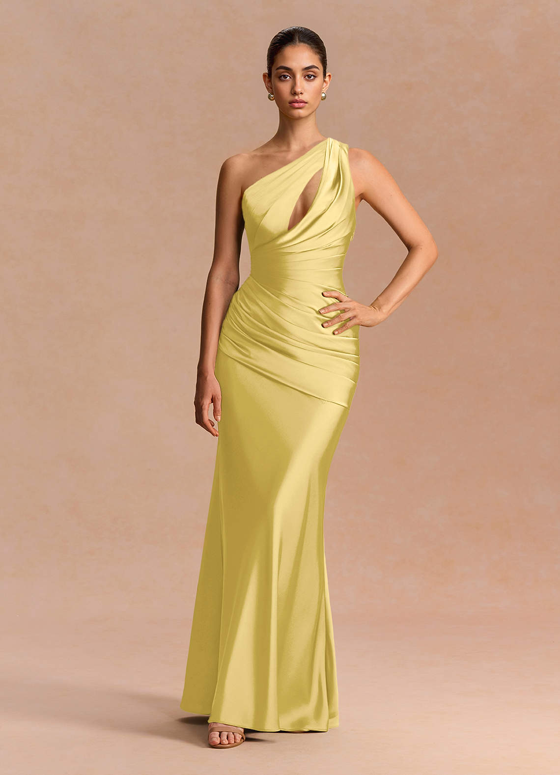 Guinevere One-Shoulder Cutout Stretch Satin Evening Dress in Pastel Yellow