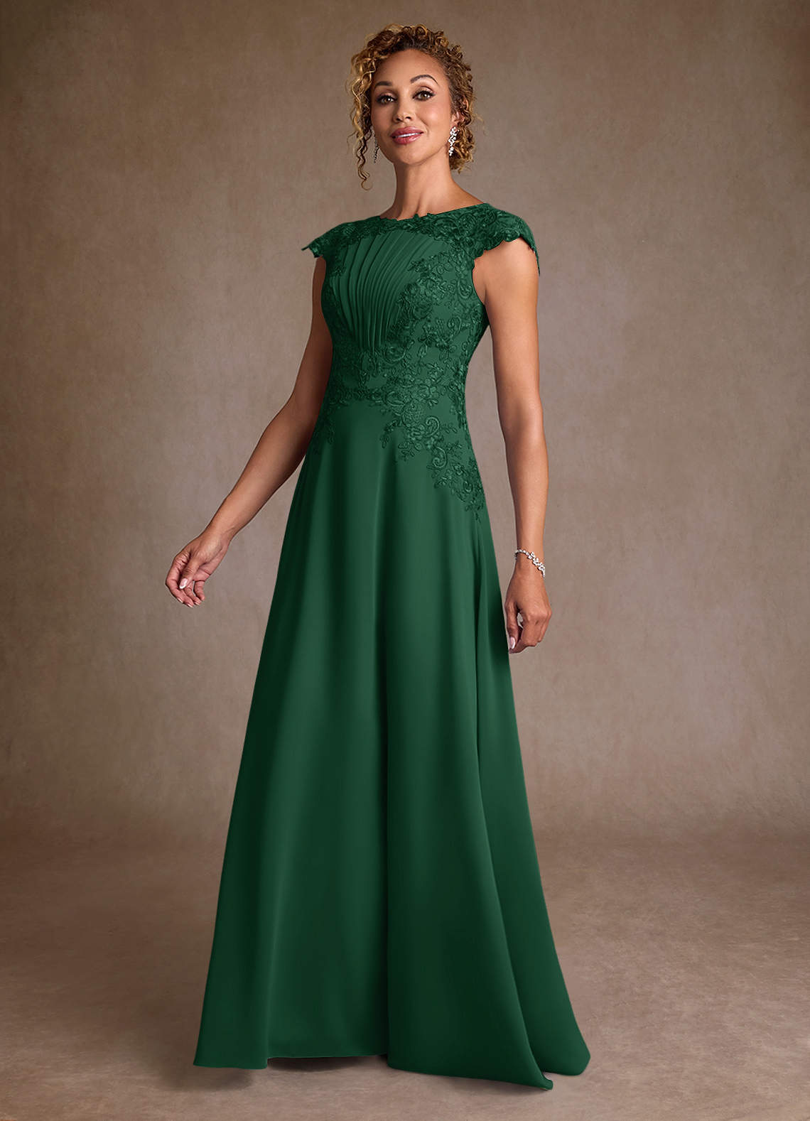 Christi A-Line Scoop-Neck Chiffon and Lace Mother of the Bride Dress in Dark Green