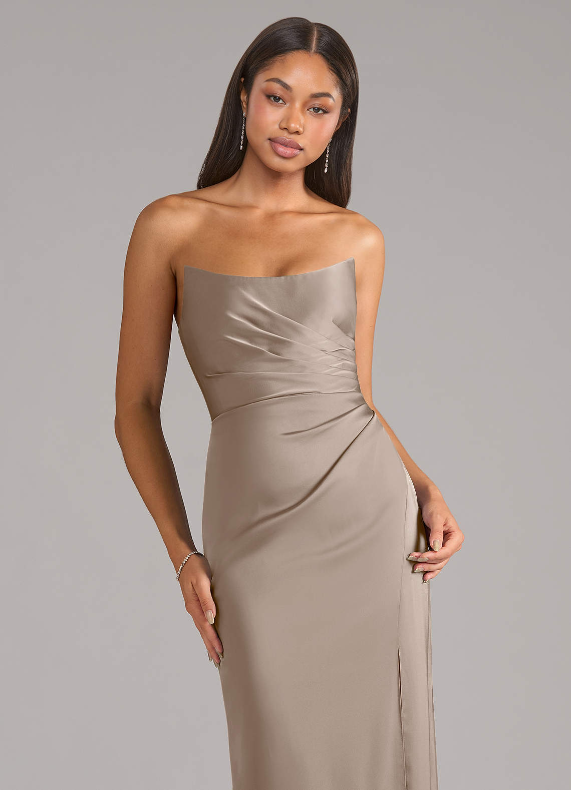 Marla Sheath Strapless Stretch Satin Bridesmaid Dress in Taupe