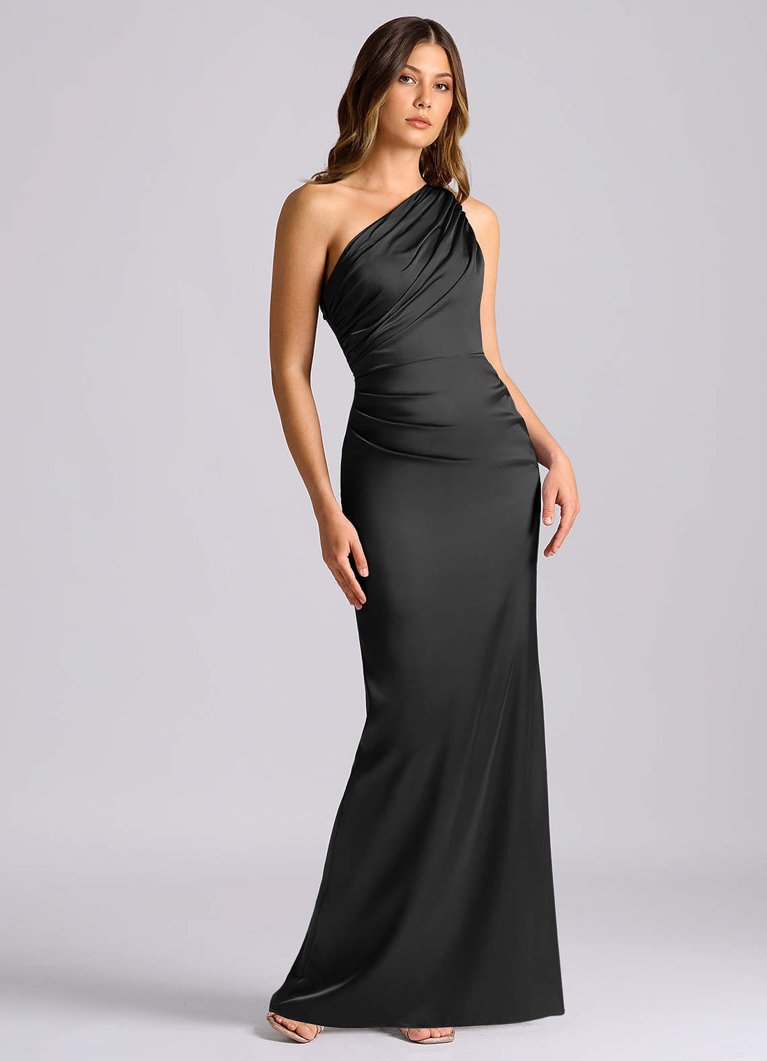 Akilah Mermaid One-Shoulder Stretch Satin Bridesmaid Dress in black