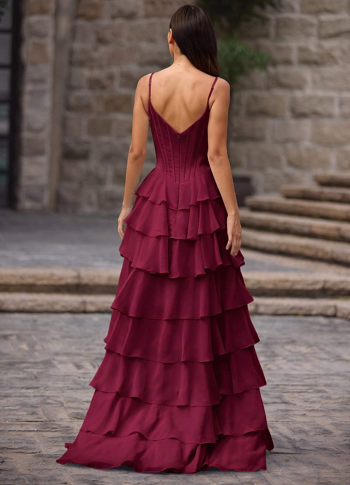 Floralace A-Line Ruffle Chiffon Evening Dress in Merlot
