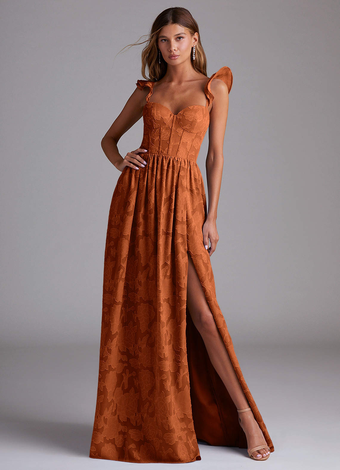 Denisse A-Line Sweetheart Floral Burnout Bridesmaid Dress in Burnt Orange