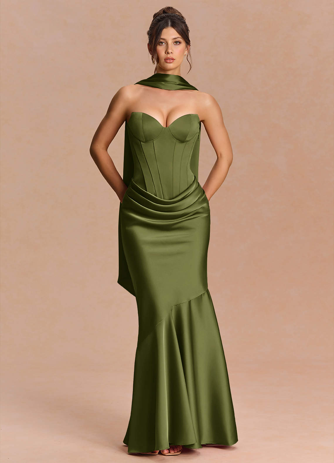 Euphemia Mermaid Strapless Stretch Satin Evening Dress in Haze blue