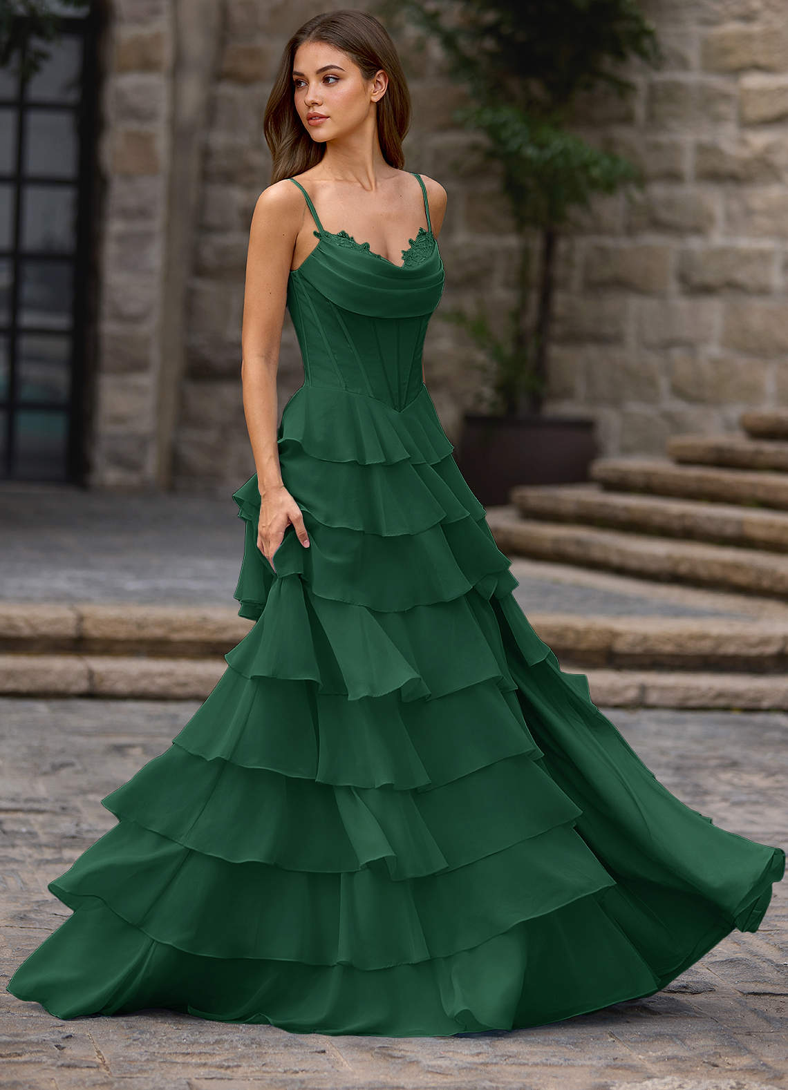 Floralace A-Line Ruffle Chiffon Evening Dress in Vanilla