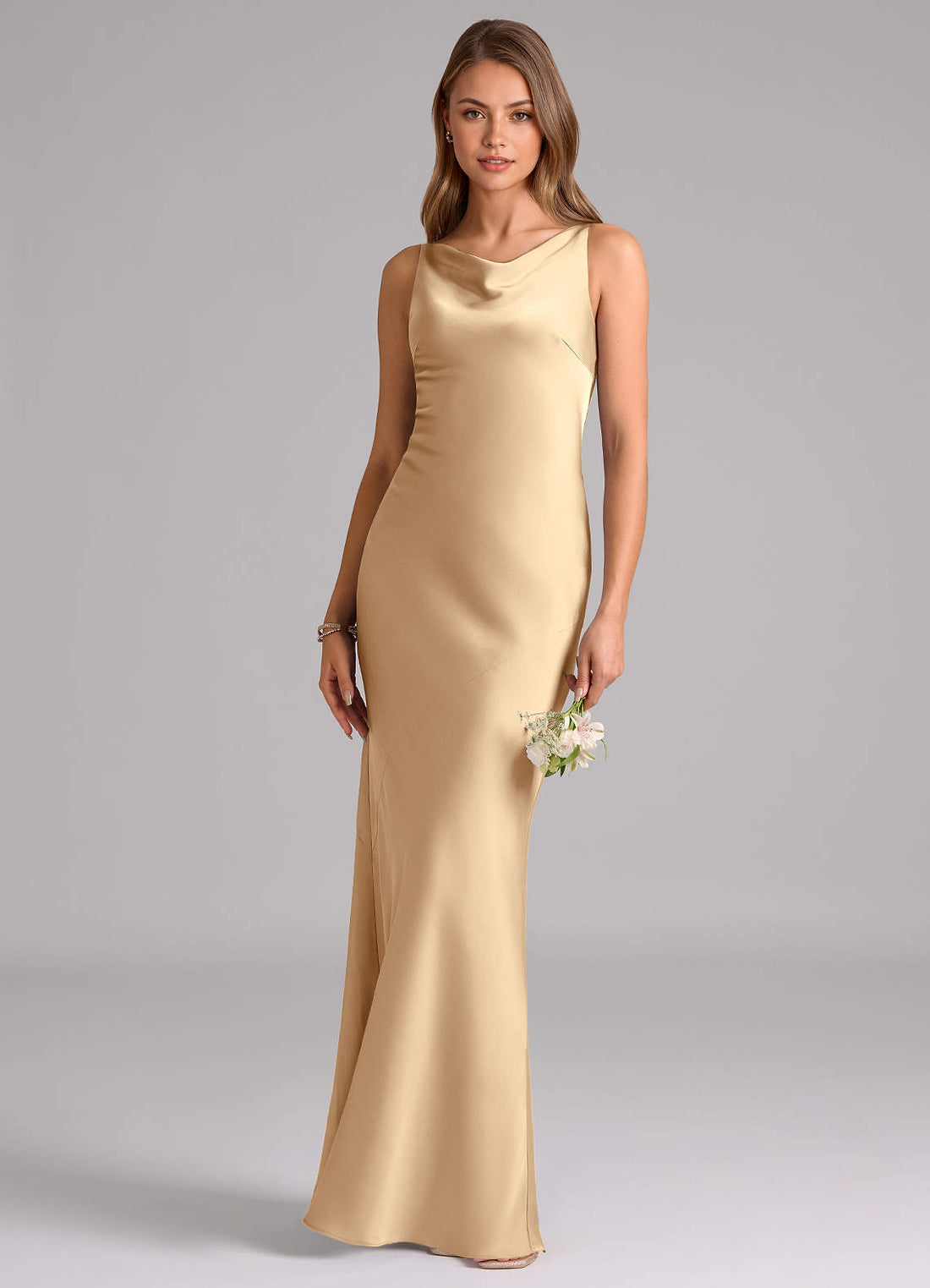 Allettie Mermaid Scoop-Neck Stretch Satin Bridesmaid Dress in Champagne
