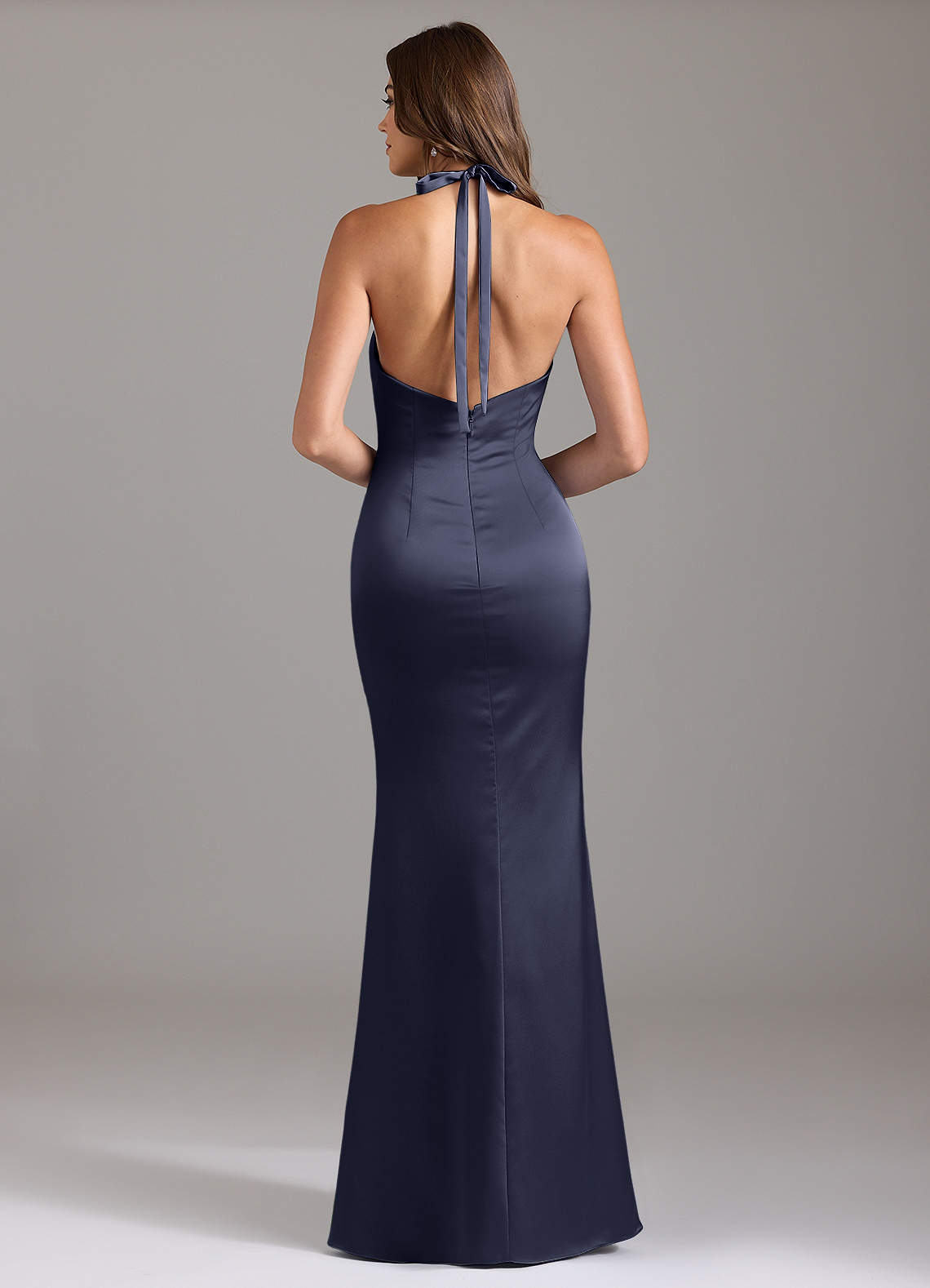 Valerie Mermaid V-Neck Stretch Satin Bridesmaid Dress in Stormy