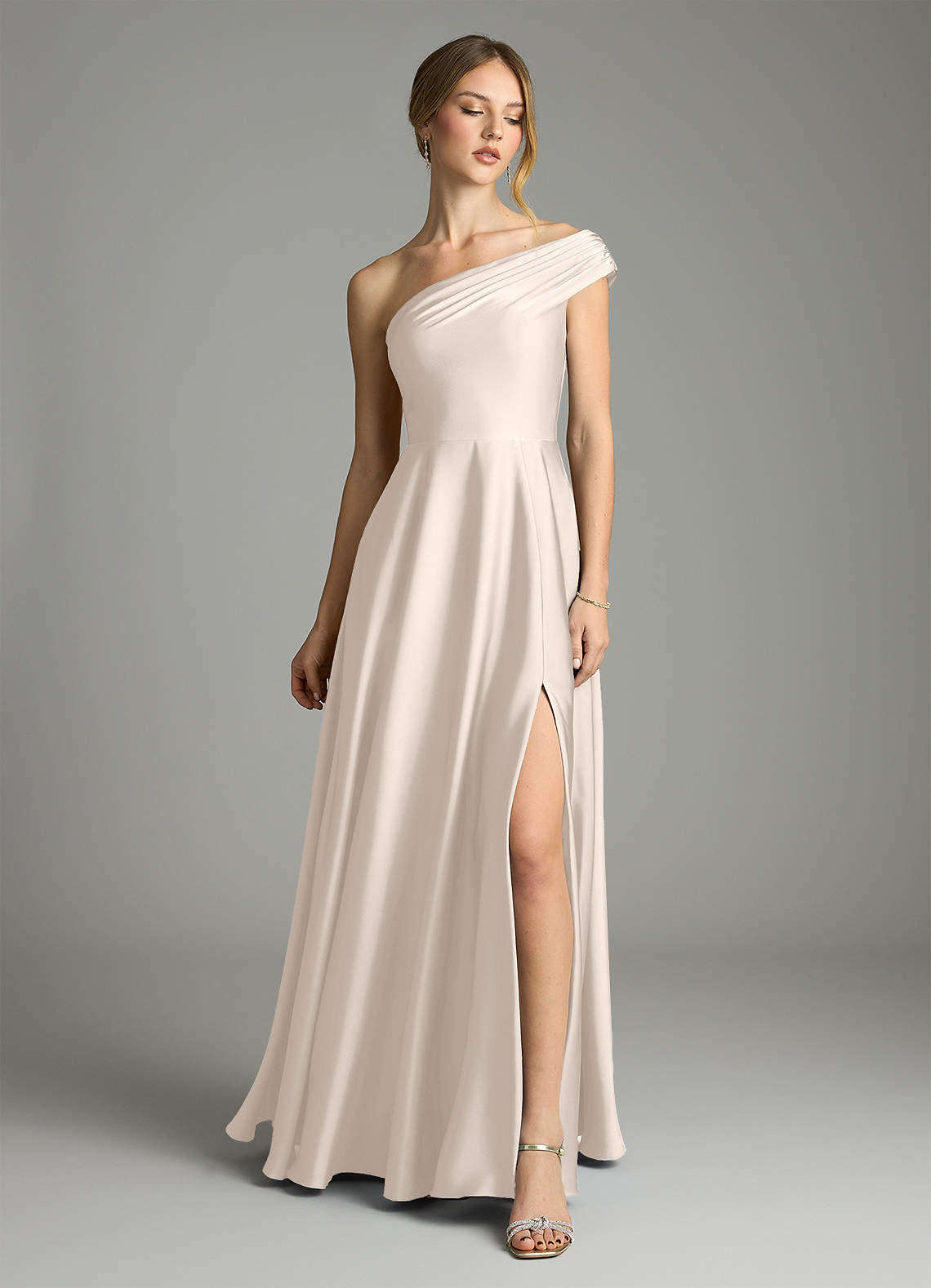Melanie A-Line One-Shoulder Stretch Satin Bridesmaid Dress in White Alabaster