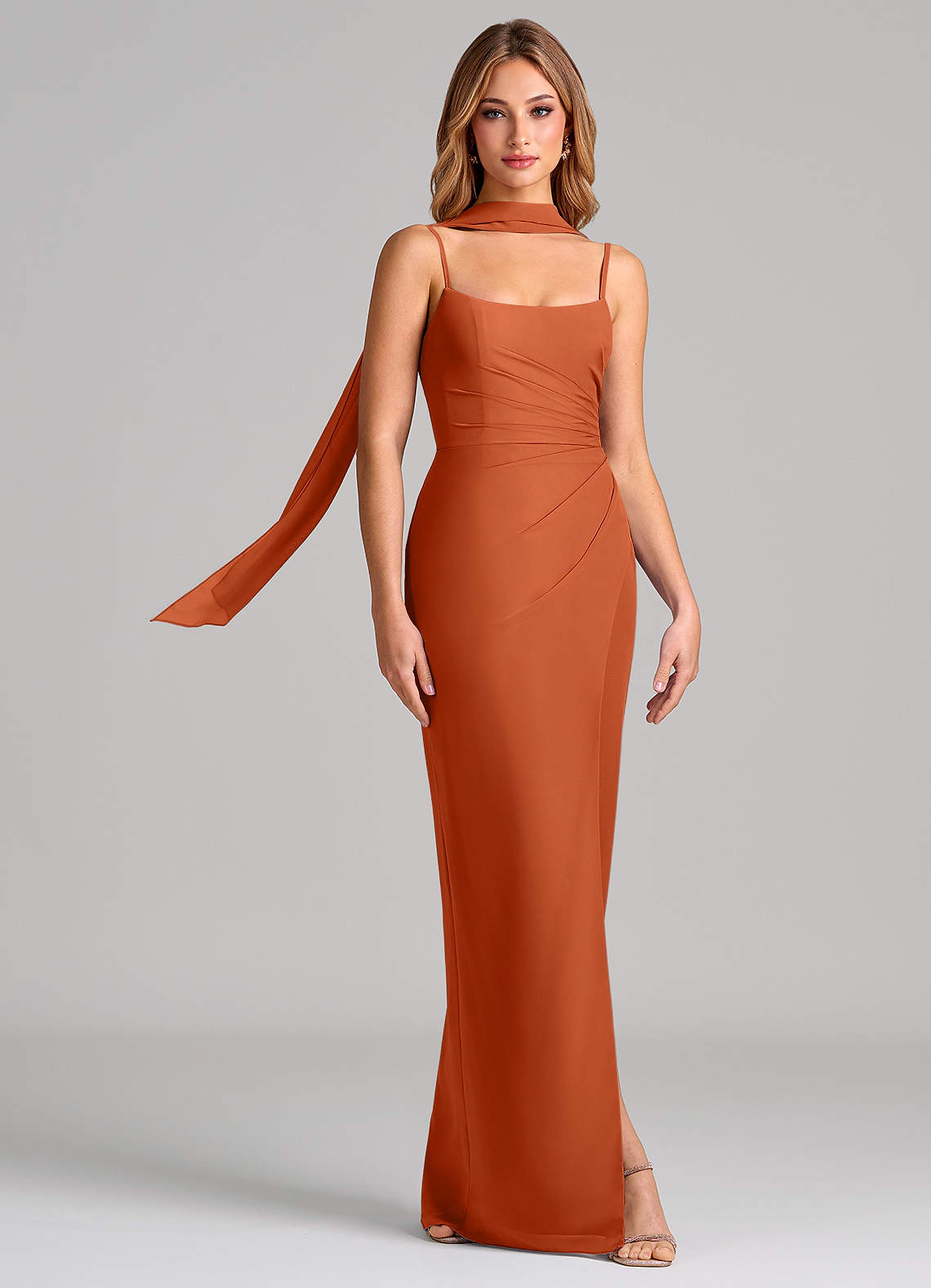 Calandra Sheath Scoop-Neck Chiffon Bridesmaid Dress in Burnt Orange