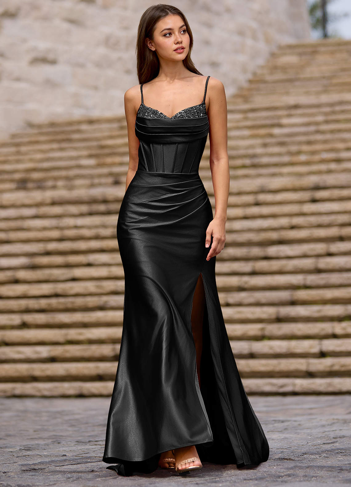Glow Strapless Corset Slit Stretch Satin Evening Dress in black