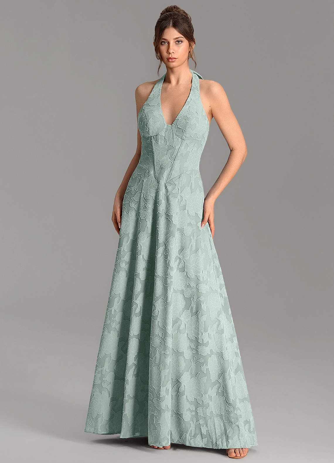Nia A-Line V-Neck Floral Burnout Bridesmaid Dress in Agave