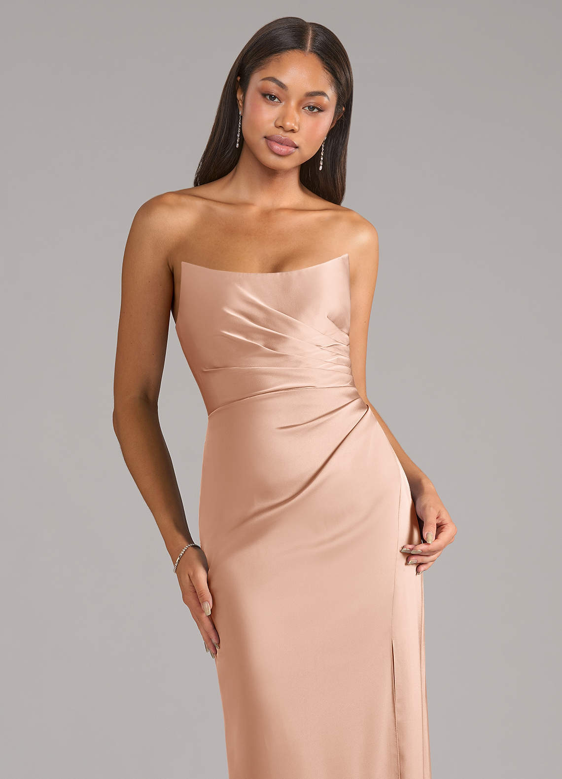 Marla Sheath Strapless Stretch Satin Bridesmaid Dress in rose gold
