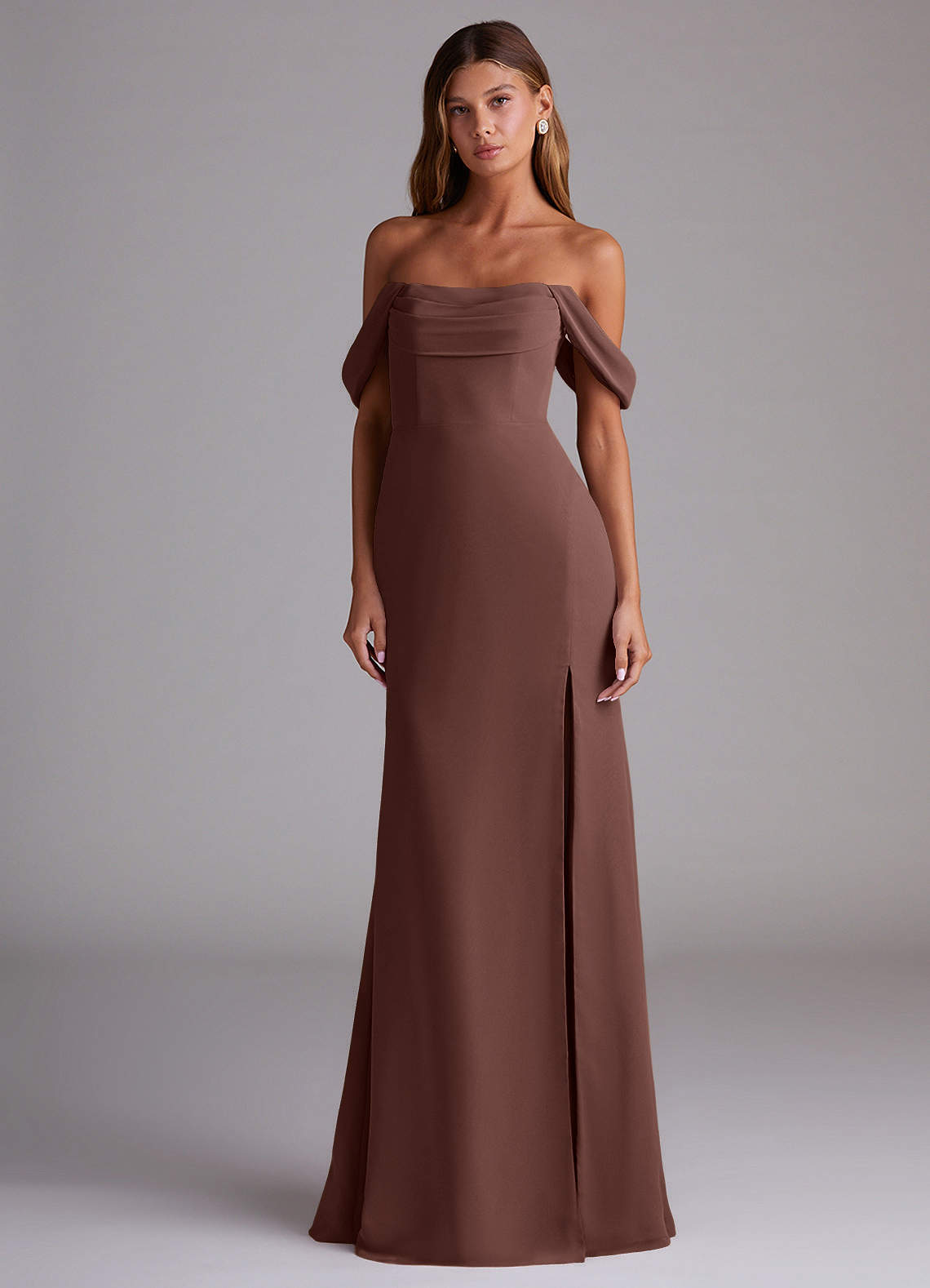 Saige A-Line Off-the-Shoulder Chiffon Bridesmaid Dress in Espresso