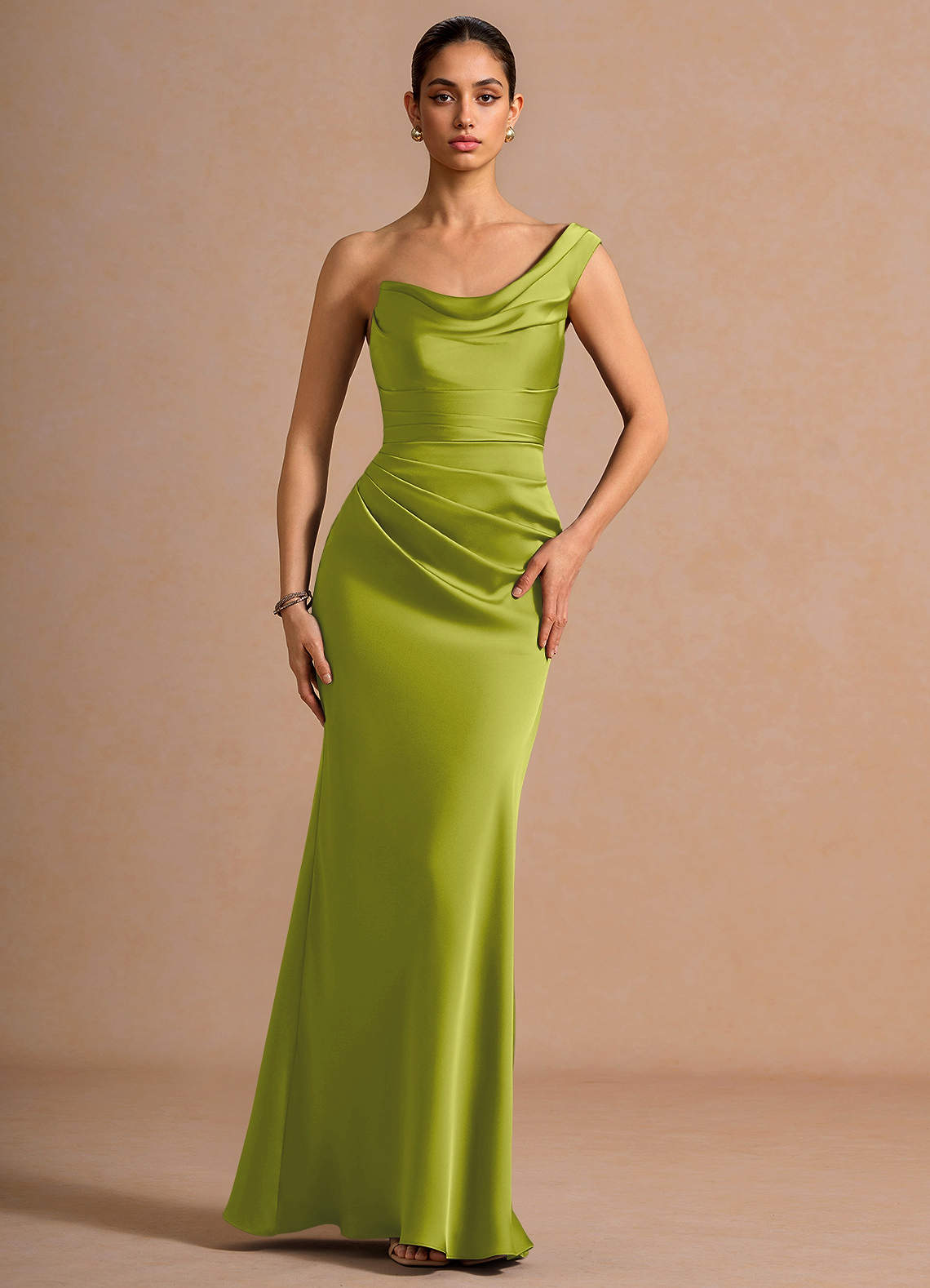Cassiopeia One-Shoulder Draped Stretch Satin Evening Dress in Lemon Green