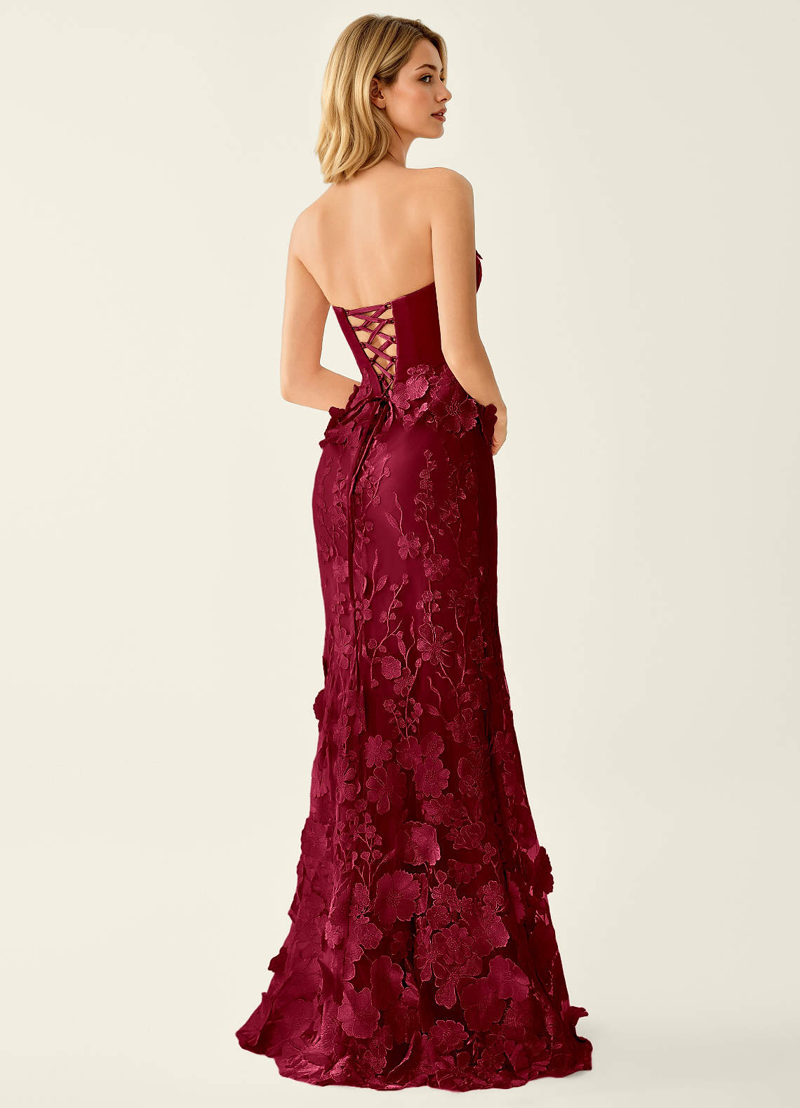 Wrensincia Mermaid Strapless Crystal Linen Satin Evening Dress in Burgundy