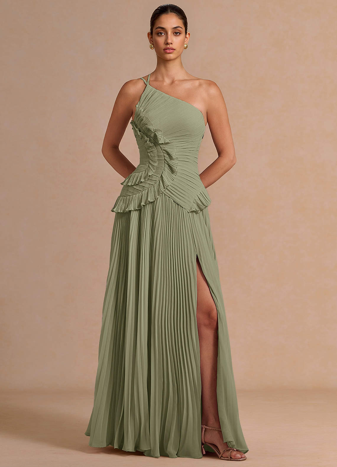 Melody A-Line One-Shoulder Chiffon Evening Dress in Herb Green