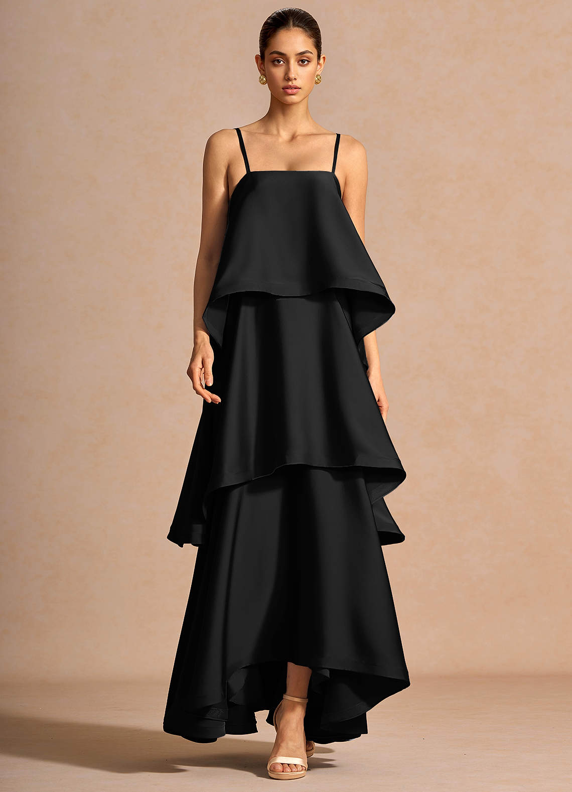 Itasca A-Line Tiered Stretch Satin Wedding Guest Dress in black