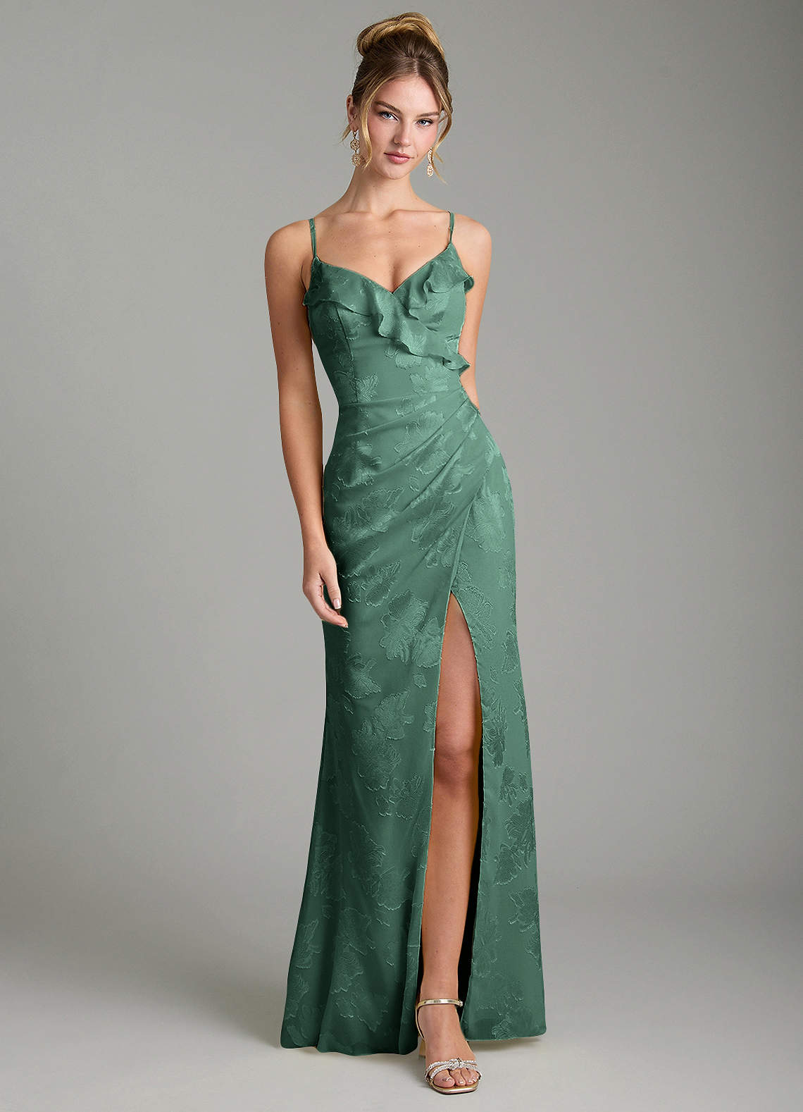 Larsa Mermaid V-Neck Jacquard Bridesmaid Dress in Eucalyptus