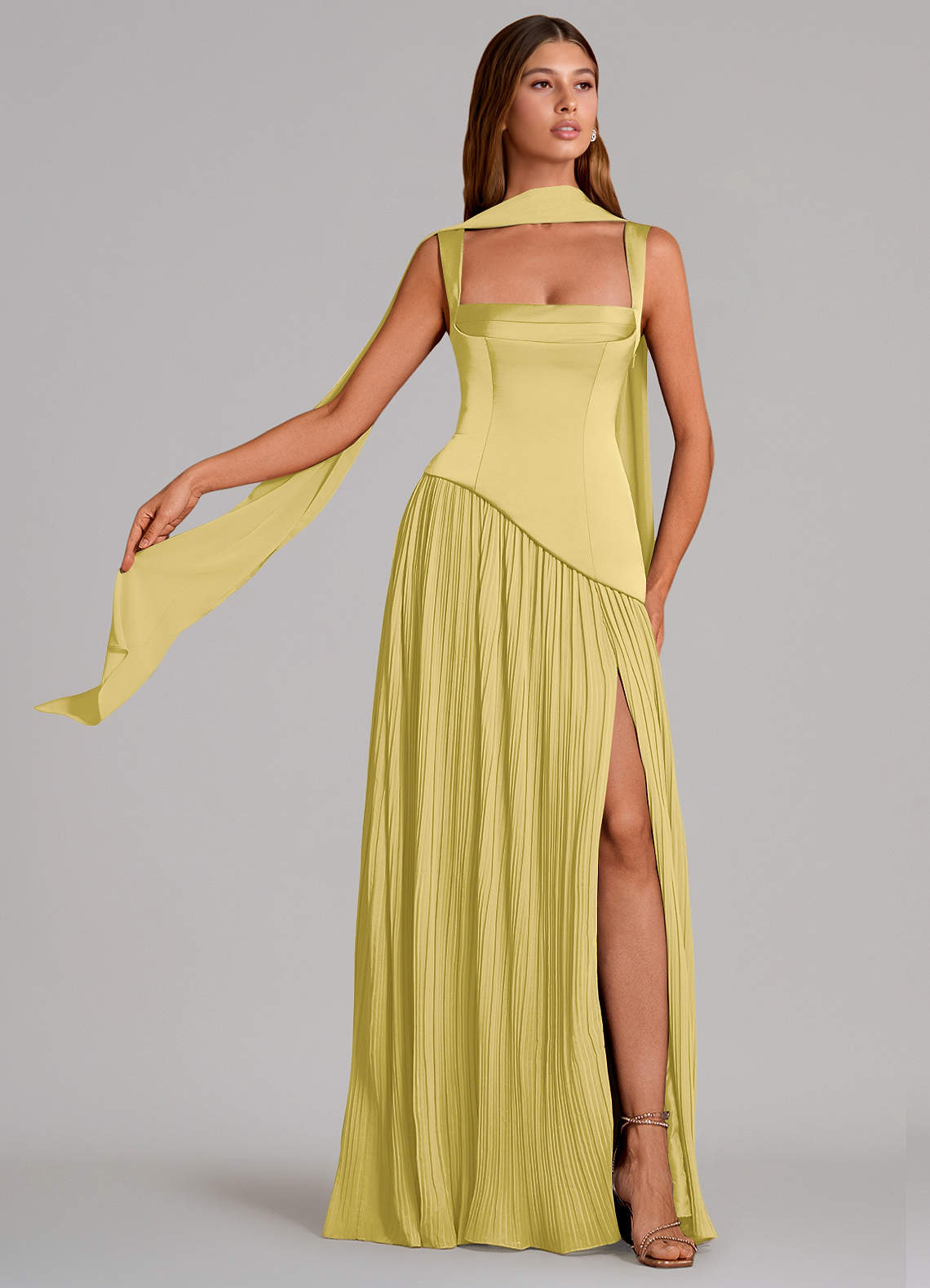 Stephanie A-Line Square-Neck Stretch Satin and Chiffon Bridesmaid Dress in Canary