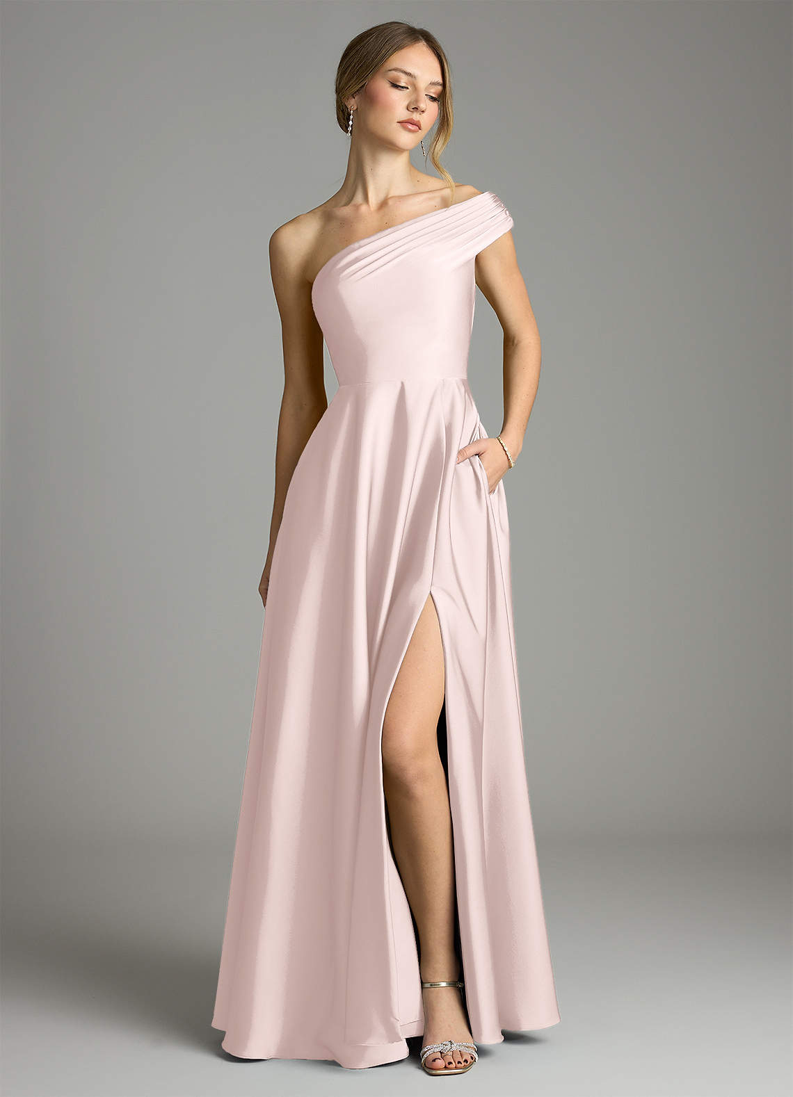 Melanie A-Line One-Shoulder Stretch Satin Bridesmaid Dress in Blushing Pink