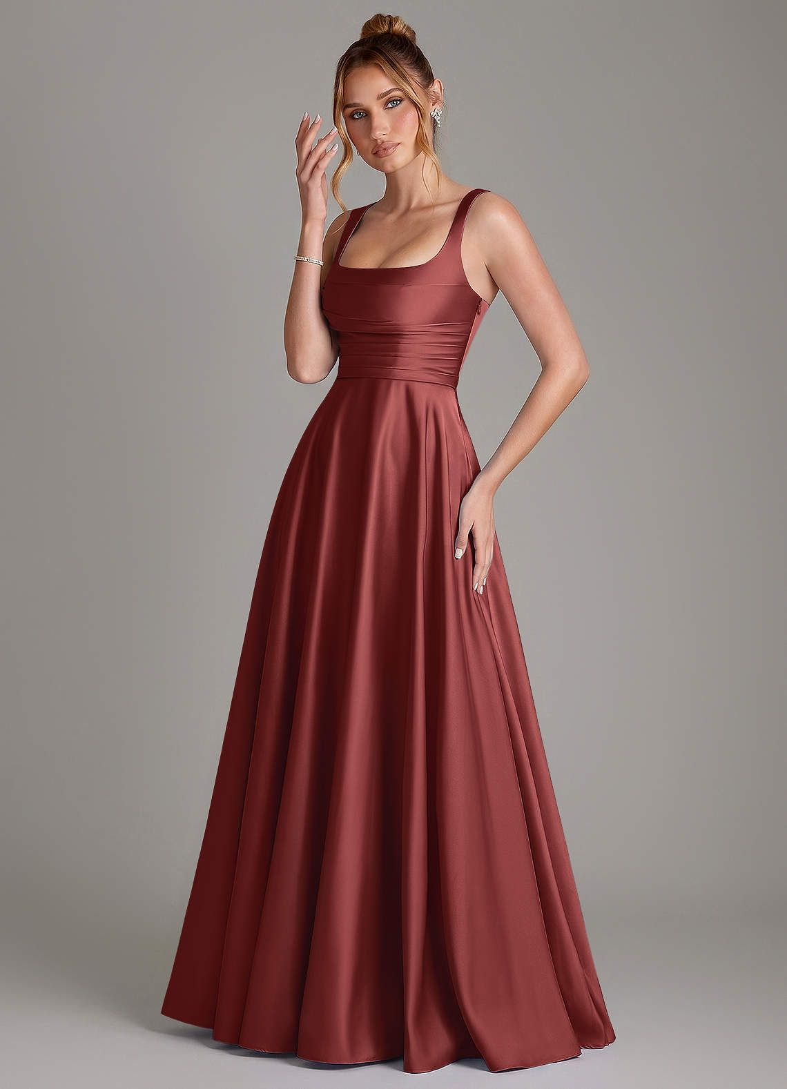 Azaria A-Line Square-Neck Stretch Satin Bridesmaid Dress in Terracotta