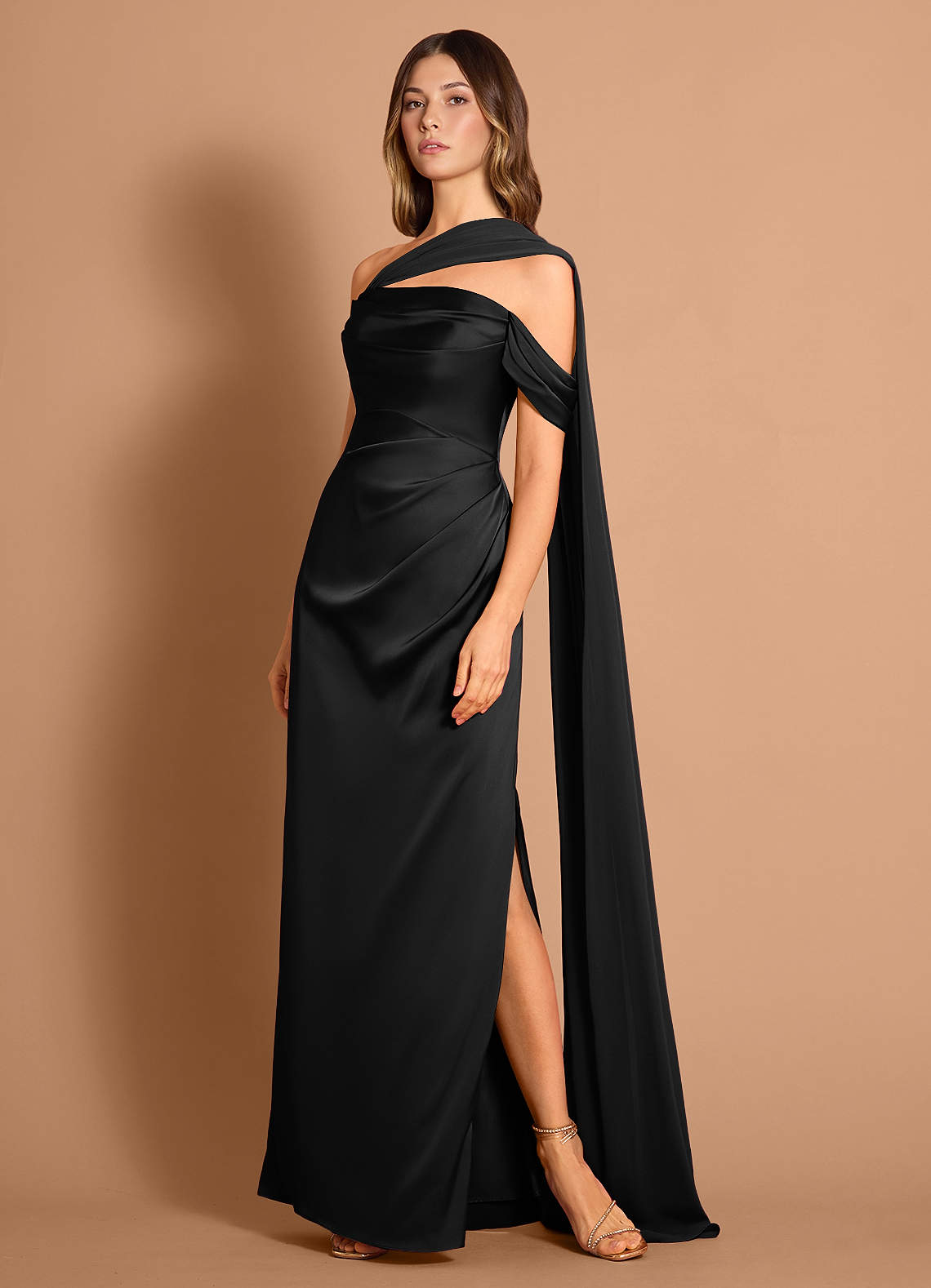 Meliora Asymmetric Strapless Chiffon-Drape Stretch Satin Evening Dress in black