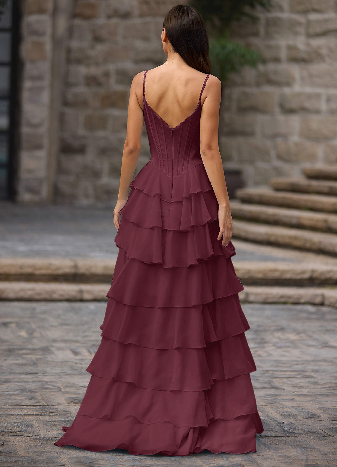 Floralace A-Line Ruffle Chiffon Evening Dress in Wine